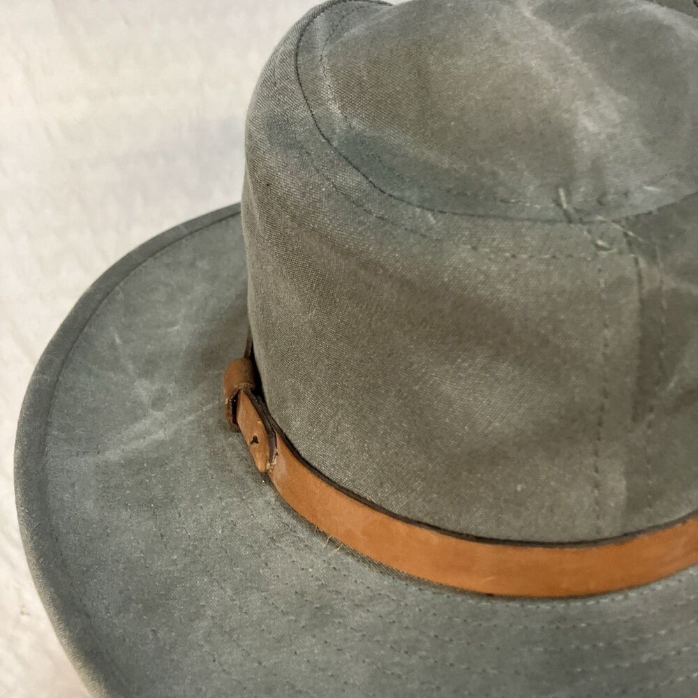 VTG SAGE Oilskin (waxed Cotton) Outback Safari Hat USA Leather Band L - Picture 7 of 11